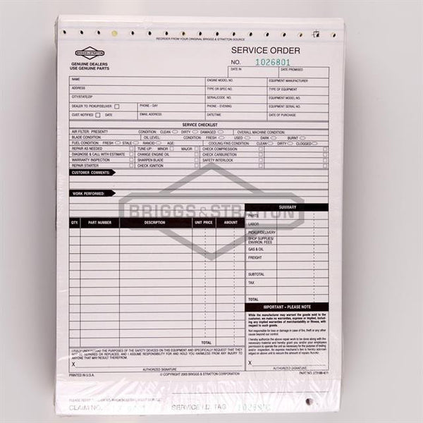 Briggs & Stratton 273188 Repair Order Forms package of 200 Randy's